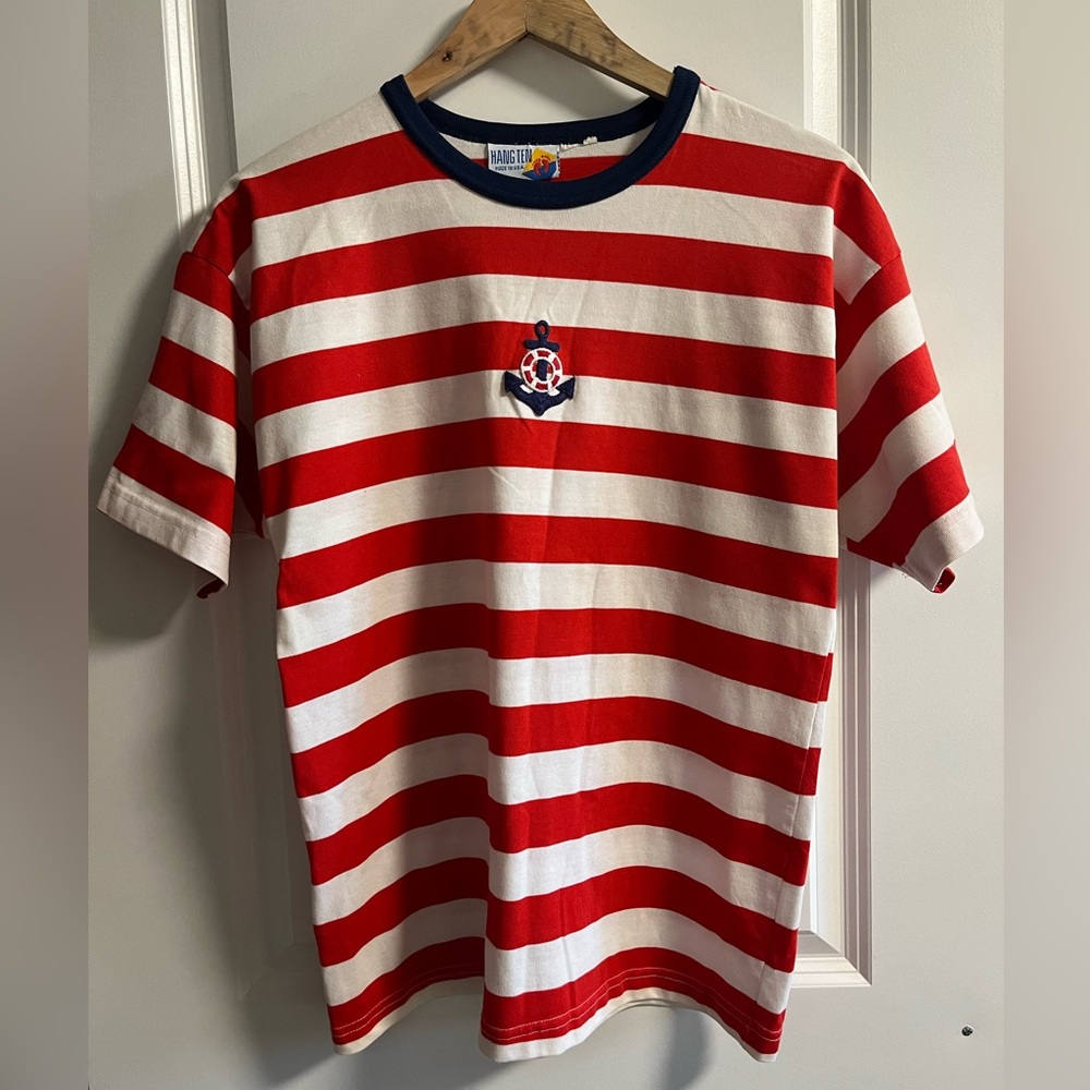 Vintage 90s Hang Ten Stripe T-shirt Nautical Mens M red white short sleeved USA